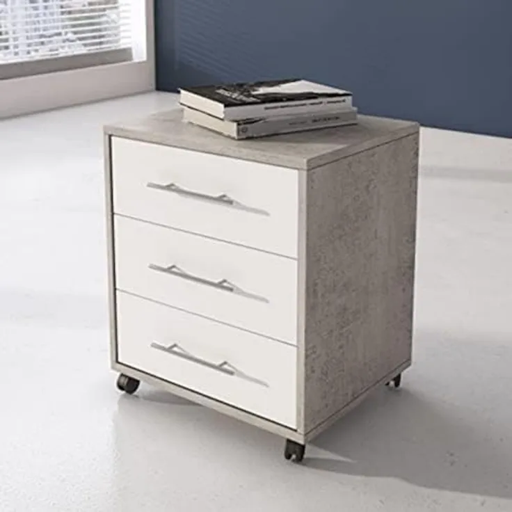 Dmora Bürokommode mit 3 Schubladen auf Rollen, Dokumentenhalter, eleganter Schreibtisch-Nachttisch, cm 43x40h57, Farbe Zement und Weiß