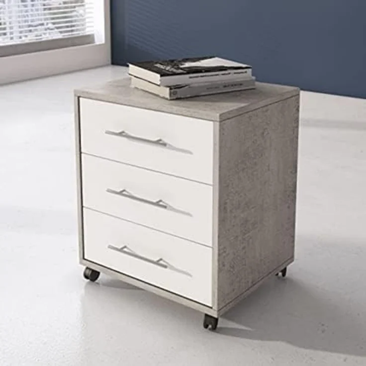 Dmora Bürokommode mit 3 Schubladen auf Rollen, Dokumentenhalter, eleganter Schreibtisch-Nachttisch, cm 43x40h57, Farbe Zement und Weiß – Bild 1