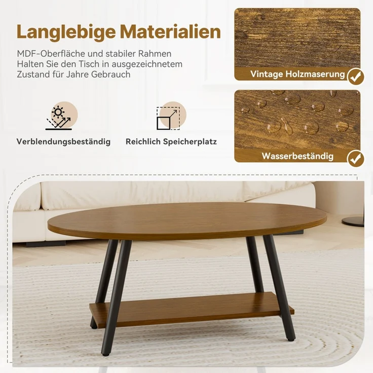 Hawthyhome Runder Beistelltisch 2-stöckiger Couchtisch mit Stauraum, ovale Tischplatte, Massivholz & Metallrahmen, moderner Industriestil, wasserdicht & verschleißfest, schnelle Montage, für Wohnzimmer & Schlafzimmer, Gelb – Bild 3