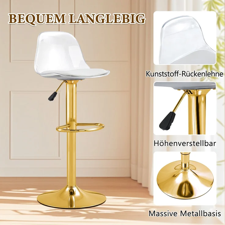 Flexibles Bar-Set: 89 cm Glastisch + 2 Hocker mit goldfarbenen Beinen, höhenverstellbar & drehbar, • Transparente Optik • 360°-Drehung • Vielseitig nutzbar, Schafft visuelle Weite und spart Platz.--Gold, Silber, Transparent--52x49.5x50.5cm--YOUDENOVA – Bild 5