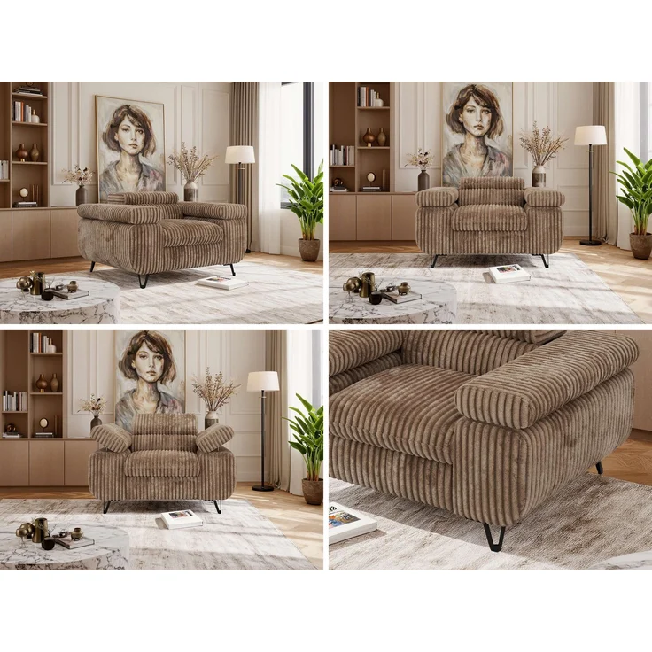 Einzelsessel, Polstersessel PETER mit verstellbaren Armlehnen und Kopfstütze, 1-Sitzer Sofa, Ohrensessel, Wellenfeder - Braun Cord – Bild 2