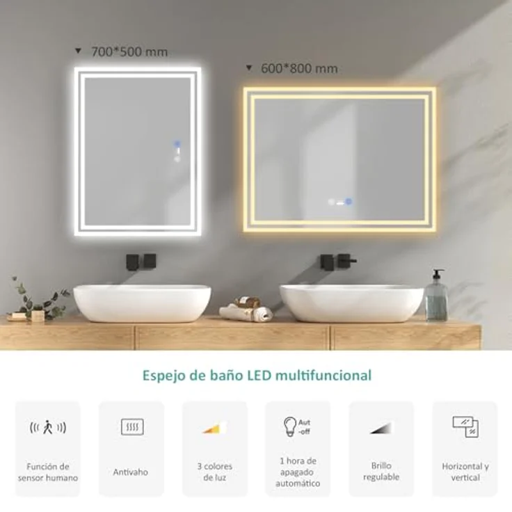 EMKE Badezimmerspiegel mit LED-Licht, 80 x 60 cm, Badezimmerspiegel mit Bewegungssensor, Beschlagschutz, 3 dimmbare Lichtfarben, automatische Abschaltung nach 1 Stunde, IP44, LED-Badspiegel – Bild 6