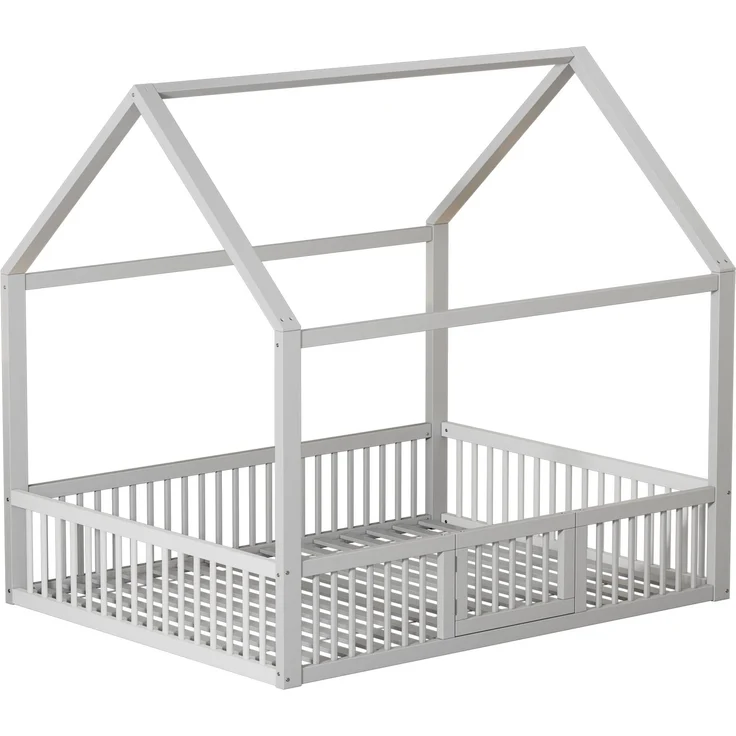 Merax 140*200cm Massivholzbett, Doppelbett, Flachbett, Hausbett, Hausbett mit Türchen, weiß – Bild 10