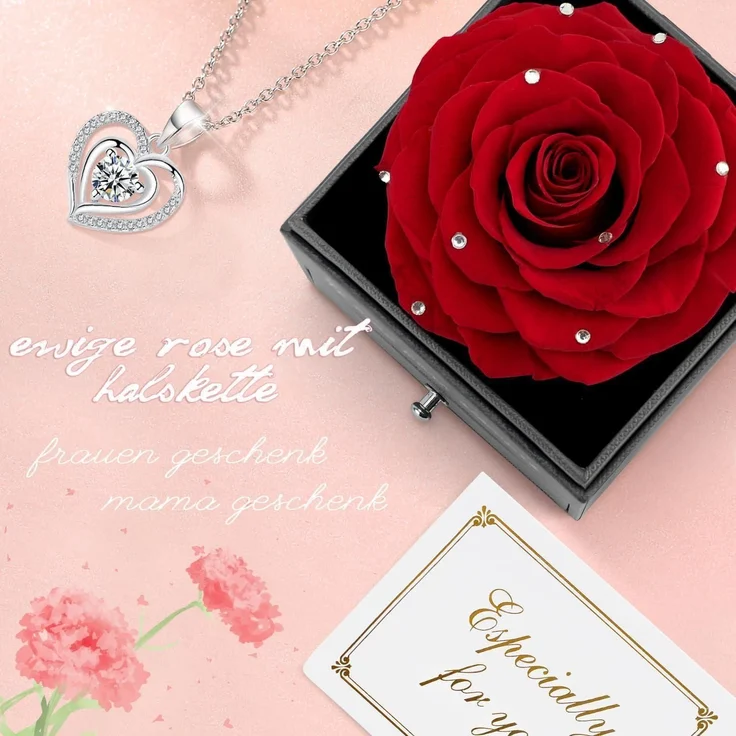 Ewige Rose Geschenkbox Kristallrot 925 Silber Halskette Ohrringe – Bild 2