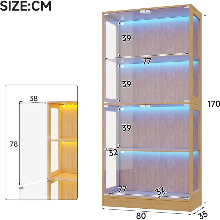 Flieks LED-Vitrinenschrank 80 x 35 x 170 cm mit 4 Glastüren, 4 Ablagen und App-Steuerung, Naturholzfarbe – Bild 4