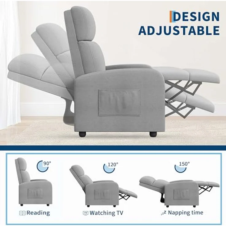 GarveeHome Relaxsessel Fernsehsessel Ruhesessel Liegesessel mit Liege-Funktion Polstersessel Leinen verstellbar Einzelliegesessel Wohnzimmer Schlafzimmer Heimkino (Grau3) – Bild 4