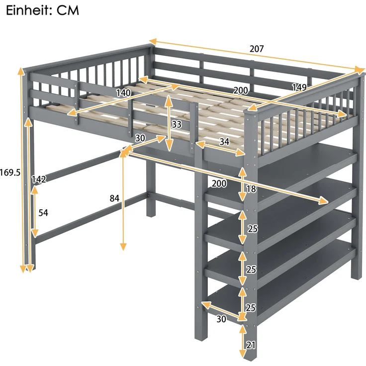 Hochbett 140x200 cm Kinderhochbett mit Schreibtisch, Ablagefächern, Kiefernholz + MDF, Grau, sichere Leiter – Bild 5