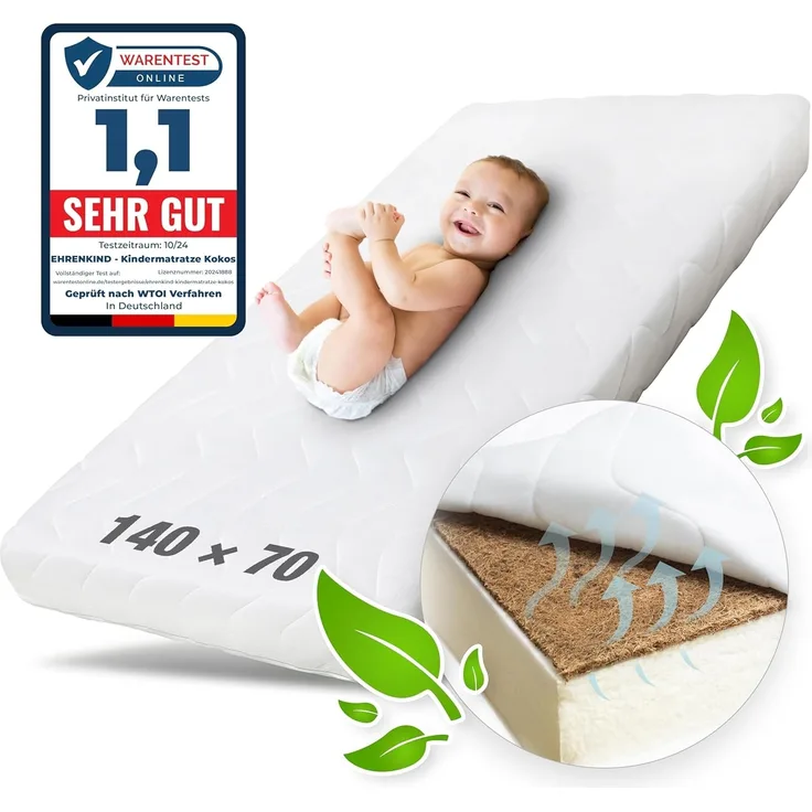 Ehrenkind® Babymatratze Kokos | Baby Matratze 70x140 | Kindermatratze 70x140 mit hochwertigem Schaum, Kokosplatte und Hygienebezug