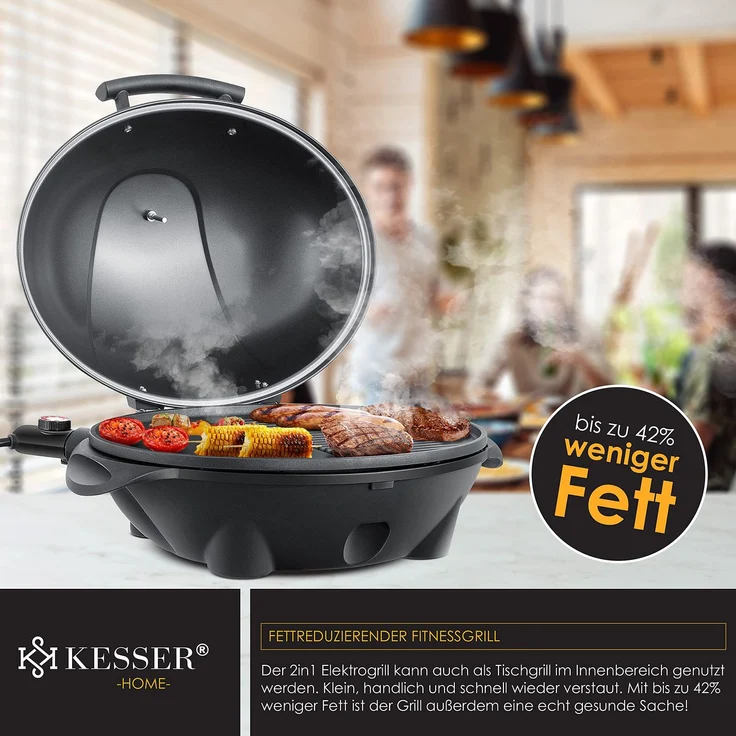 KESSER® elektrischer Elektrogrill 2in1 Tischgrill - Standgrill mit Deckel Standfuß | max. 2400 Watt Thermometer | Antihaftbeschichtung | XXL Grillplatte | integrierte Ablagefläche Elektro-Säulengrill Schwarz - Set – Bild 6