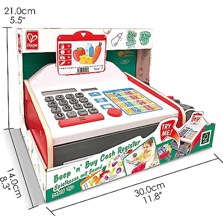 Hape Spielkasse mit Sound und Scanner, Kaufladenzubehör für Kinder ab 3 Jahren, inkl. Solartaschenrechner und 9 Geldmünzen – Bild 3
