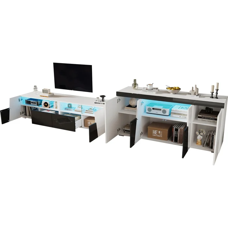 ZUBALIYA Wohnzimmerset 180x38,5x45 cm, mit LED-Beleuchtung, Hochglanz, aus Spanplatte, Weiß – Bild 13