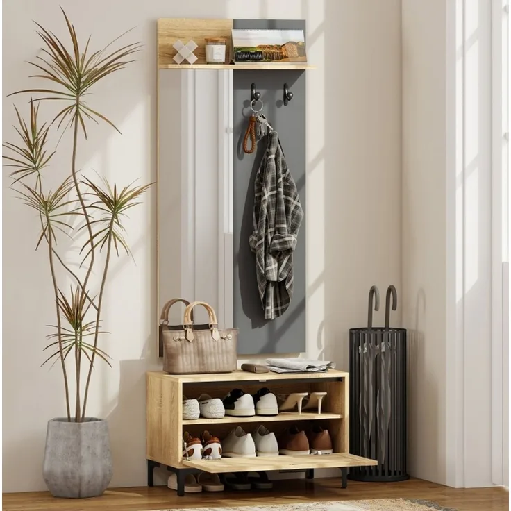 DESVIAE Garderobenschrank-Set mit Spiegel und Schuhbank, 60x127,5x13,5 cm, MDF, Naturholz/Grau