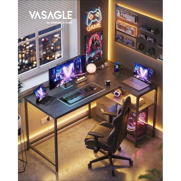 VASAGLE Eckschreibtisch in L-Form, Computertisch mit Stauraum, Bürotisch, höhenverstellbare Ablage, für Homeoffice, mit 2 AC-Steckdosen und 2 USB-Anschlüssen, 120x80 cm, ebenholzschwarz LWD132BE01 – Bild 3
