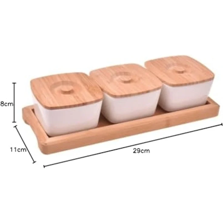 hausleben Dipschale Dipschalen Set mit 3 Schälchen + 3 Bambusdeckel und Tablett aus Bambus, (1-tlg), Tablett aus Bambus – Bild 4