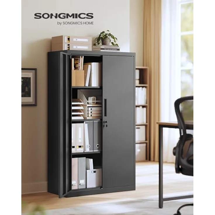 SONGMICS Aktenschrank, Metallschrank, Aufbewahrungsschrank, Büroschrank abschließbar, mit 2 Türen, aus Stahl, 80 x 40 x 140 cm, 3 verstellbare Ablagen, Mattschwarz OMC020BD01 – Bild 3