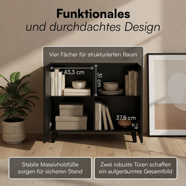 Bellamio 'Tana' Kommode, schwarz mit geriffelter Front, 85x40x92 cm, Sideboard mit 2 Türen und 4 Fächern – Bild 3