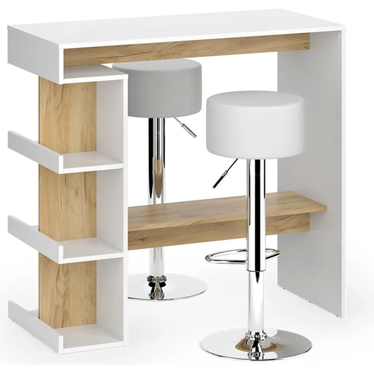 Bartisch-Set Dana Weiß/Goldkraft Eiche 108 x 50 cm mit 2 Barhockern Vicco