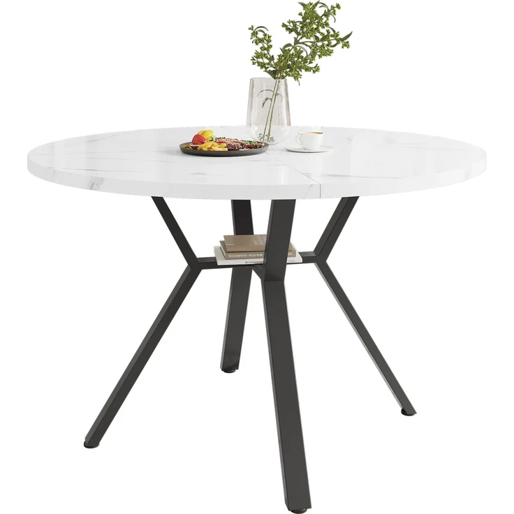 Moderner und schlichter runder Marmor-Esstisch (Durchmesser 1 m), schwarzer X-förmiger Couchtisch mit Metallhalterung, stabil und langlebig, ein Muss für modische Häuser – Bild 4