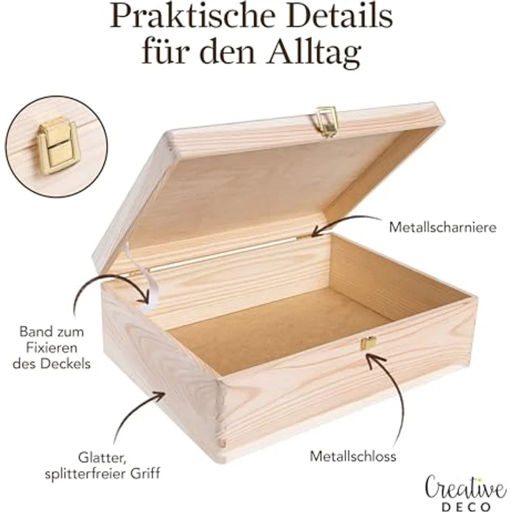 Creative Deco Holzkiste Natur mit Deckel und Schloss, Erinnerungsbox Baby Groß Holzbox mit Deckel Unlackiert Kasten – Bild 6