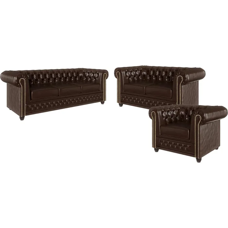 S-Style Möbel Polstergarnitur Chesterfield Jeff 3+2+1 mit Schlaffunktion aus veganem Leder, (3-Sitzer-Sofa mit Schlaffunktion, 2-Sitzer-Sofa, Sessel), mit Wellenfederung