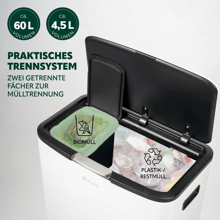 eluno Abfalleimer, 60 Liter Fassungsvermögen aus weißem Metall, ca. 53 x 79,5 x 32,5 cm (B/H/T) – Bild 3