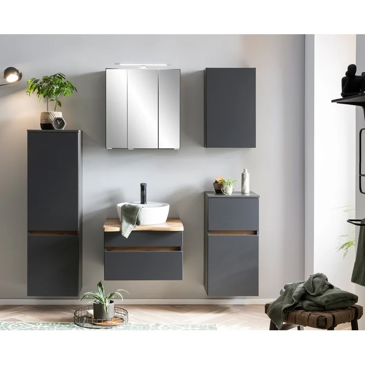 Badschrank 40 cm breit VIDAGO-03 in graphit mit Absetzung in Wotan Eiche Nb, B/H/T: ca. 40/130/35 cm – Bild 9
