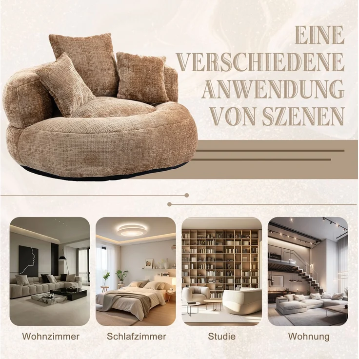 DESVIAE Sitzsack aus Chenille, Kaffee, 108x52x108 cm, mit Armlehnen und hoher Rückenlehne – Bild 5