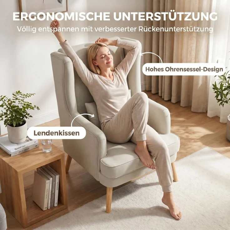 Akzentstuhl, Sessel mit Leinen-Optik, hoher Rückenlehne, breitem Sitz, Lendenkissen, Beige--Beige--77x77x110cm--YOUDENOVA – Bild 4
