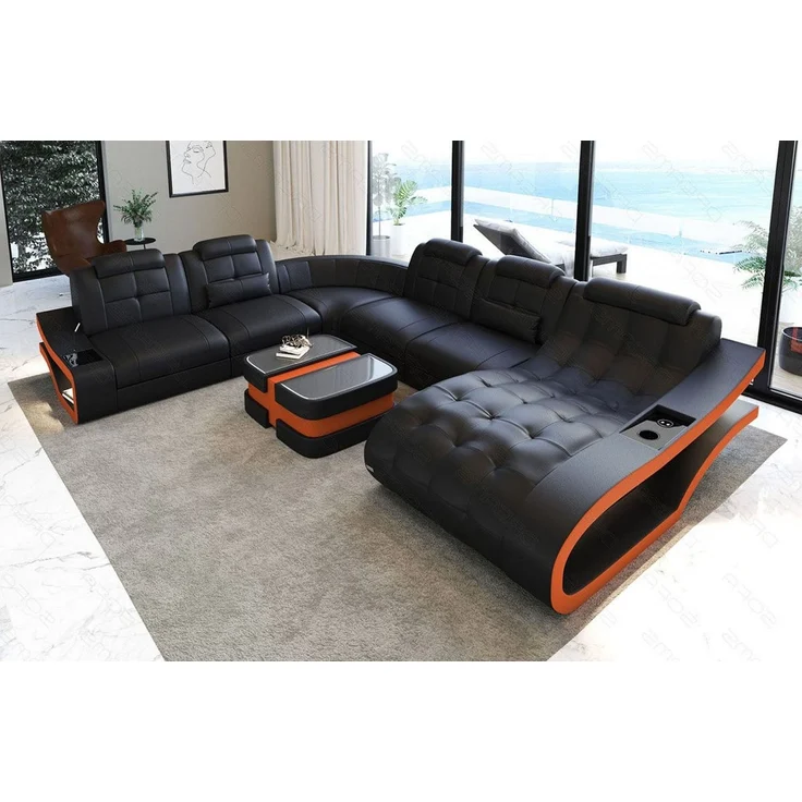 Mini Leder Wohnlandschaft Elegante XXL – Stil & Komfort - Kunstleder - Schwarz-Orange - Links – Bild 2