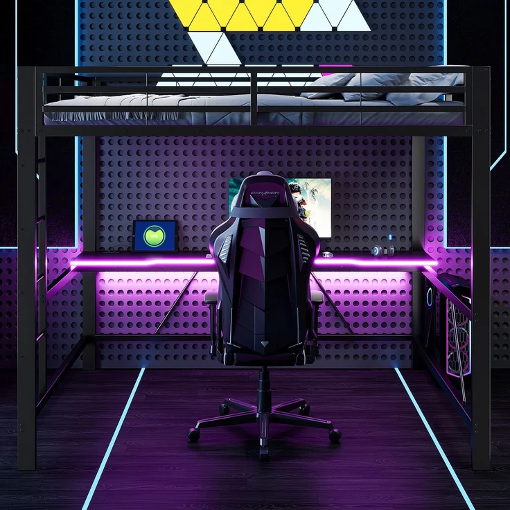 Hochbett mit RGB LED-Streifen, Schreibtisch, Trittleiter, Lattenrost, Steckdose, USB und Type-C, 160x200 cm, Kinderbett mit Rausfallschutz, Metallbett – Bild 2