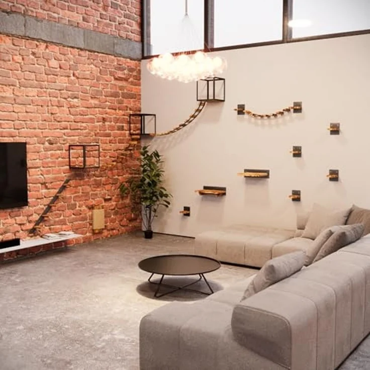 QLS Katzen-Kletterwand LOFT Wand- & Deckenmontage, Set Aus Metall pulverbeschichtet und Holz Geflammt 15 Teilig – Bild 3