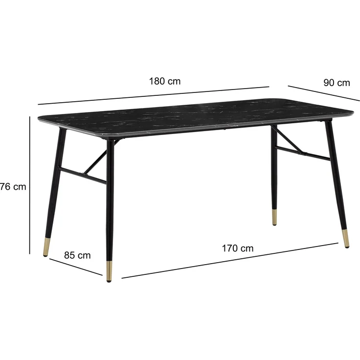 Esstisch 180x90x76cm Marmor-Optik Schwarz Metallbeine Modern Rechteckig – Bild 6