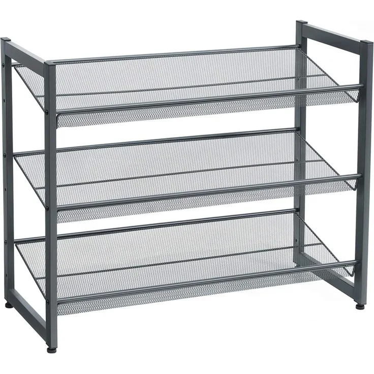 Songmics 3 Ebenen Metall-Schuhregal, Meshregal, verstellbare Ablage flach oder abgewinkelt Regalböden, stapelbares Lagerregal für Flur, Eingangsbereich, 74 x 62,8 x 30,7 cm, dunkelgrau, LMR03GB
