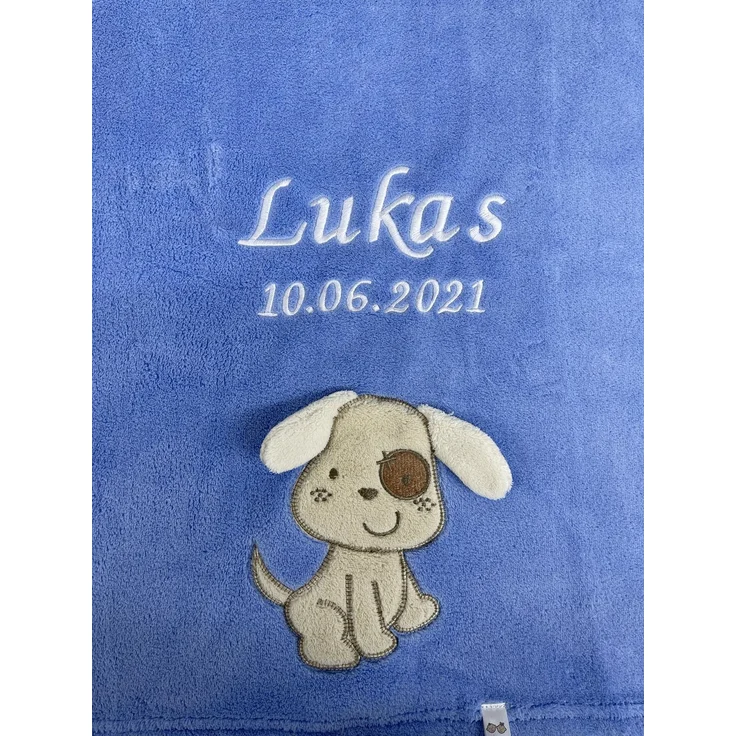 KIDDI-MEDIA Babydecke mit Name und Geburtsdatum Bestickt/kuschelig weich / 1A Qualität (Azurblau - Hund)
