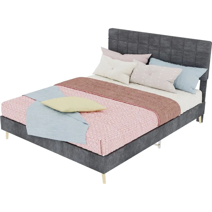 Novelux Polsterbett 140x200 cm mit gestepptem Kopfteil - Doppelbett Stoffbett Dunkelgrau, Massivholzrahmen & Holzfüße, Modernes Bettgestell für Schlafzimmer