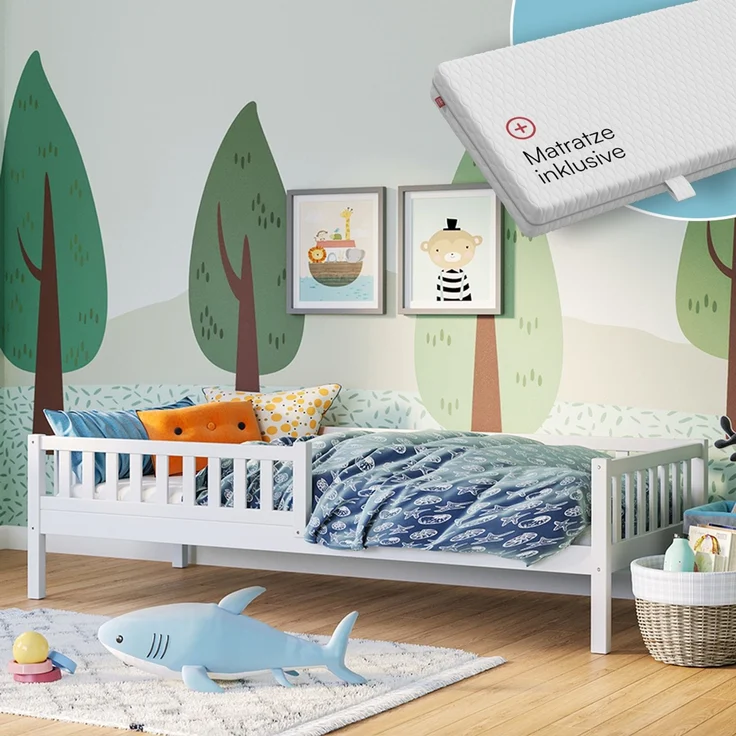 Bellabino 'Vils' Kinderbett 90x200 cm mit Matratze, weiß, Kiefer Massivholz, Montessori Bett mit Lattenrost und mit abnehmbarem Rausfallschutz – Bild 1