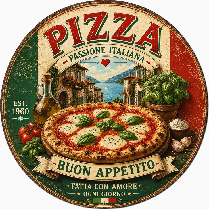 AstraDesign Blechschild Rund 30cm - Pizza Buon Appetito Italien Küche Retro Deko – Metall – Mehrfarbig – RD0016 – Bild 1