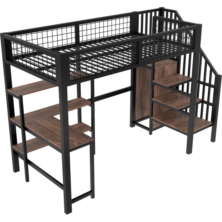 Hochbett Liegefläche 90x200 cm aus Metall und MDF mit Schreibtisch, Regalen und Kleiderschrank in Schwarz-Braun, ohne Matratze – Bild 6