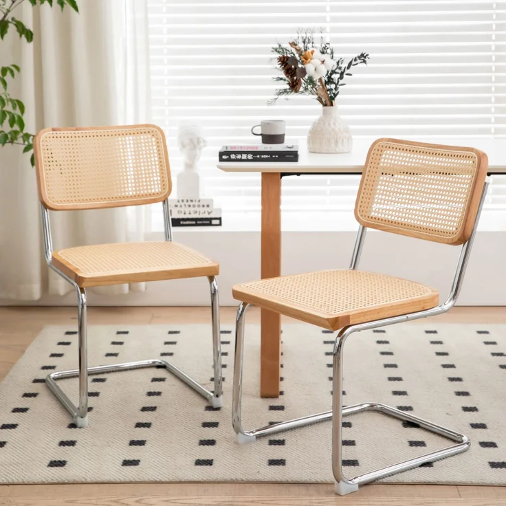 LVHOM 2er Set Freischwinger, Esszimmerstuhl mit Wiener Geflecht, Bauhaus Küchenstuhl aus Natur-Rattan, 25mm Chromgestell, stapelbarer Wohnzimmerstuhl, Natur – Bild 7