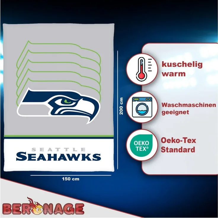 Wohndecke NFL Seattle Seahawks Decke 150x200 cm Wellsoft Kuscheldecke, BERONAGE, passend zur Bettwäsche, ideal für Sofa, Couch, Bett, Auto, Camping