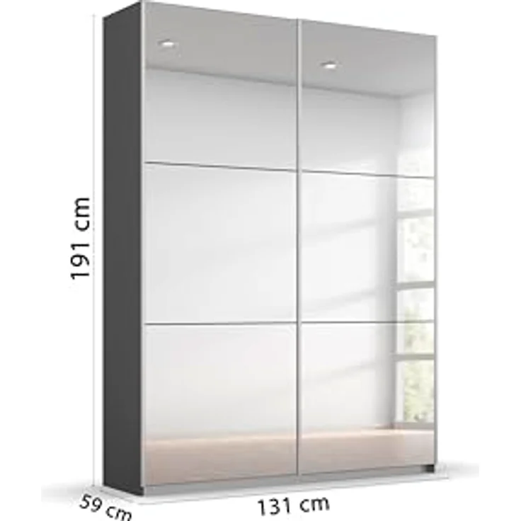 Rauch Möbel Reflect, Kleiderschrank mit Spiegel für Schlafzimmer, Wohnzimmer, Kinderzimmer, Flur, Garderobe, 2-türig, 2 Spiegeltüren, mit weiterem Zubehör, Farbe Grau metallic, Schwarz, 131x191x59cm – Bild 3