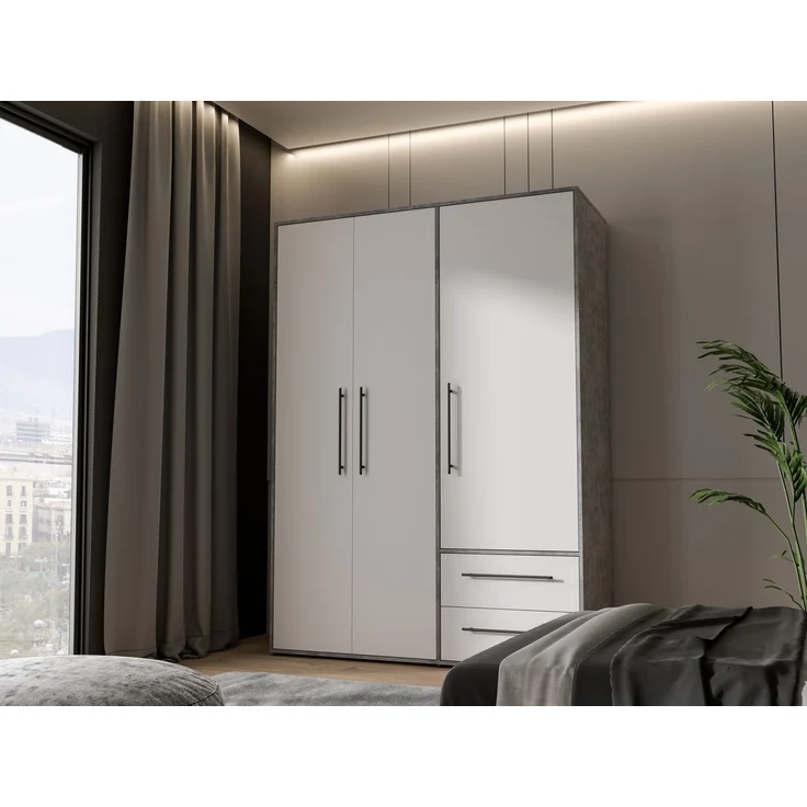 Drehtürenschrank >MOKKARIS< in Betonoptik / Weiß - 144,4x200,1x58,8cm (BxHxT) – Bild 2