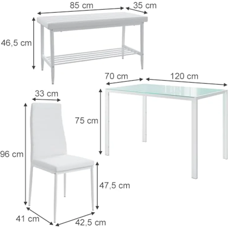 Vicco Esstisch-Set Grand, Rechteckig, 120x75x70 cm, Weiß, Metall, 4-teilig mit Tisch, Bank und 2 Stühlen, Esszimmermöbel – Bild 3