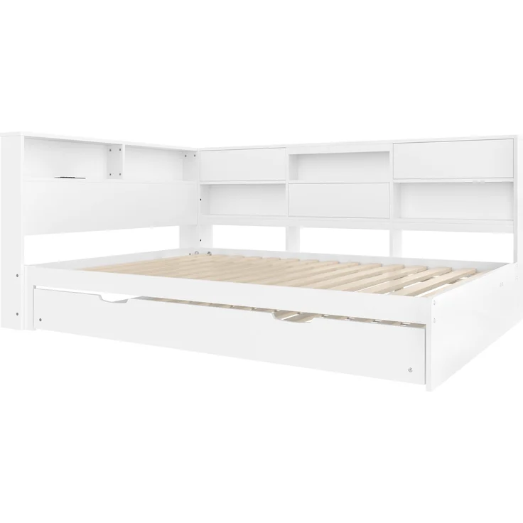 ZUBALIYA Tagesbett 140x200 cm, mit Ausziehfunktion für zusätzliche Liegefläche, mit USB - Ladeanschluss am Bett, mit integrierter Steckdose, Weiß – Bild 13