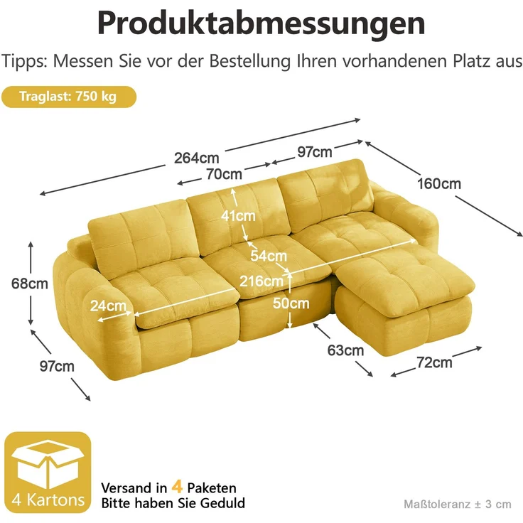 EINHOM 3‑sitziges L‑förmiges rahmenloses Modulsofa, hautfreundlicher weicher Chenille‑Bezug, 32D‑Hochdichtschaum‑Füllung, montagefrei mit 1 Ottoman für Wohnzimmer & Apartments, Gelb – Bild 2