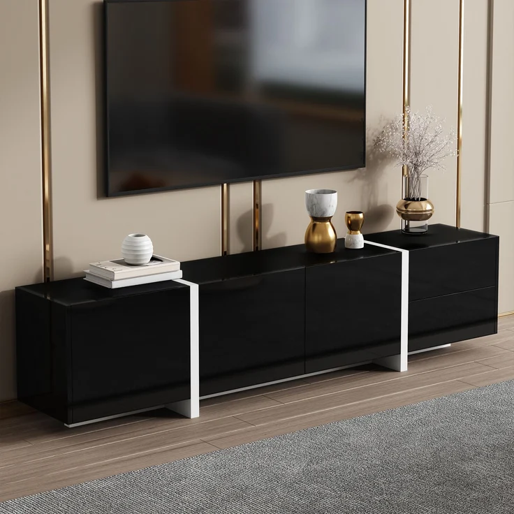 Eleganter TV-Ständer mit hochglänzendem Schwarz und weißen Beinen – 170 x 30 x 39 cm, 170x30x39 cm – Bild 7