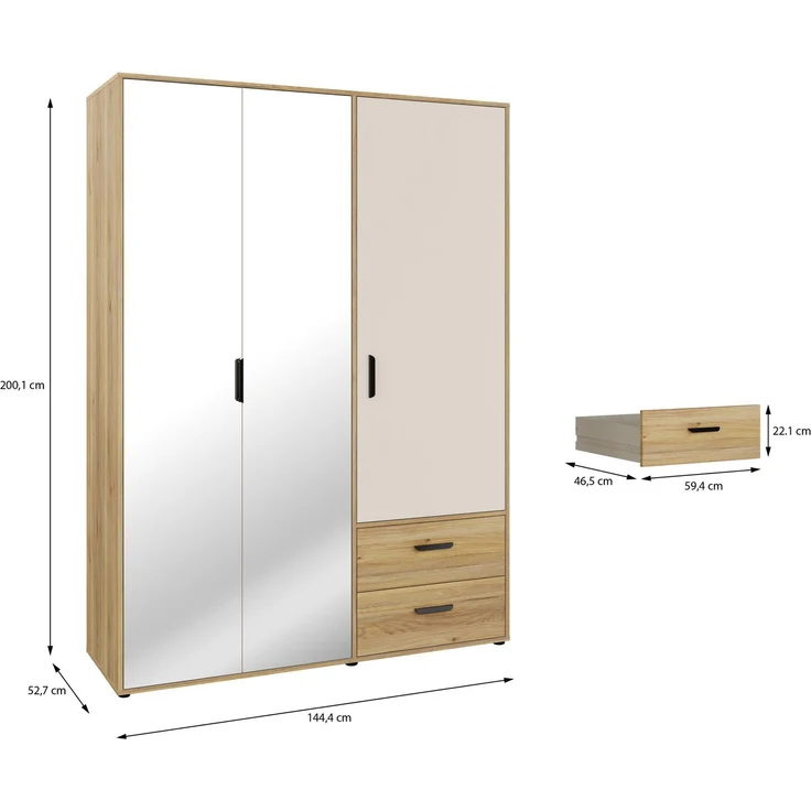 Forte MOKKARO Kleiderschrank 140 150, moderner Drehtürenschrank, 3-türig, 2 Schubladen, Spiegel, Mauvella Eiche Holzdekor|Kaschmir Beige, 144,4 cm breit x 200,1 cm hoch x 52,7 cm tief – Bild 6