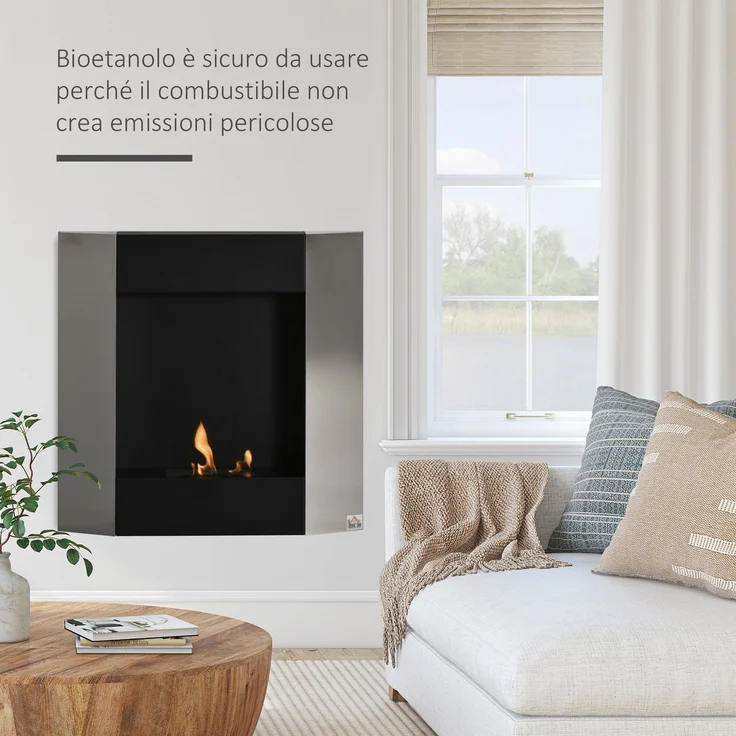 JARDJ Wandmontierter Bioethanolkamin mit 0,7-Liter-Tank und 20 m² Abdeckung, Stahl, 72 x 11 x 72 cm, Silber und Schwarz – Bild 6