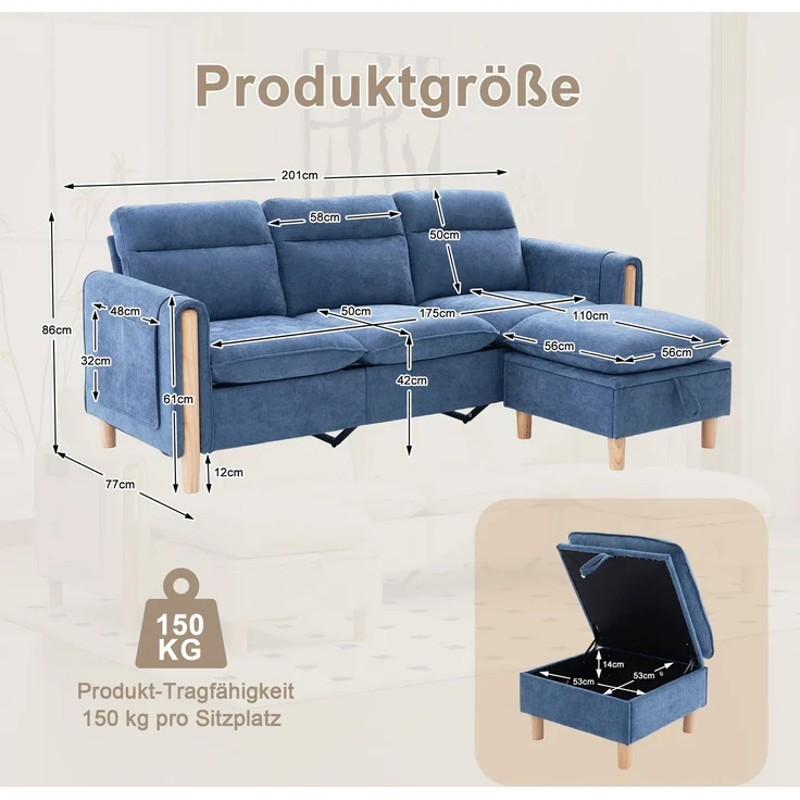EINHOM Dreisitzige Sofagarnitur im nordischen Stil mit Aufbewahrungshocker, L-förmiges Stoffsofa mit Seitentaschen und Tischbeinen aus Holz, ideal für Wohnzimmer und kleine Räume (Blauer Chenille) – Bild 7