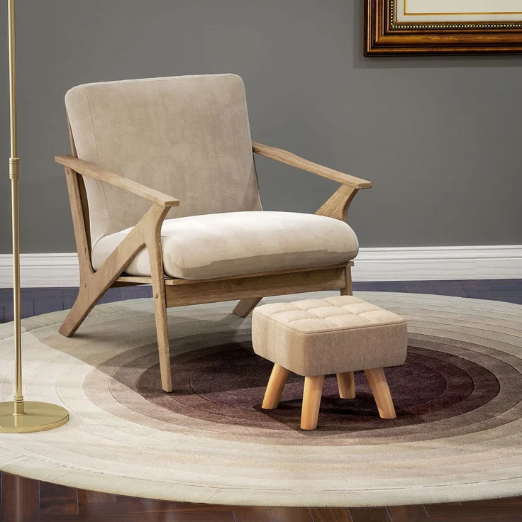 Fußhocker für das Wohnzimmer, gepolsterter Sitz aus Stoff mit Holzbeinen, 27 x 27 x 26 cm, hellbraun – Bild 4